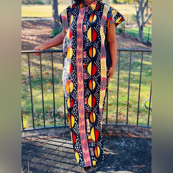 African Print Ankara Brown Multicolor Button Front Open Side Blouse - Picture 3 of 6